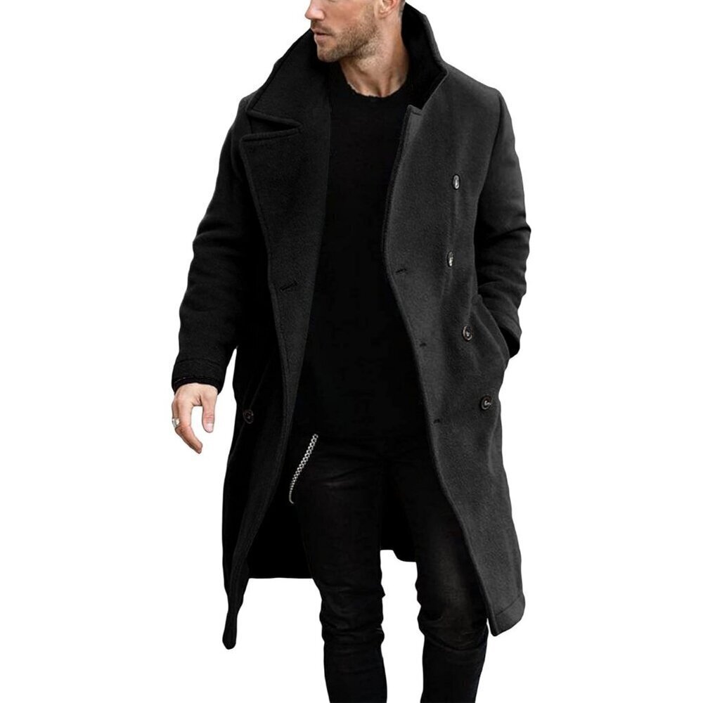 🆕Men's Black DoubleBreasted Trench Coat with Lapel Collar for Business & Winter